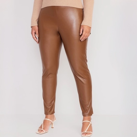 NWT Old Navy Extra High Waisted Zipper Ankle Faux Leather Pants Cognac Brown - Picture 1 of 7